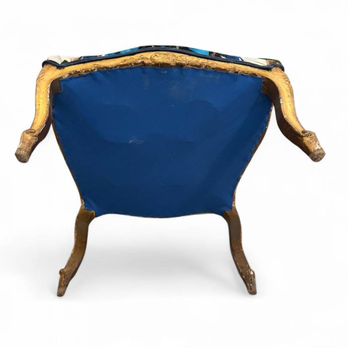 Pair of Louis XV style Gilt Armchairs with Surrealist Iconography Upholstery