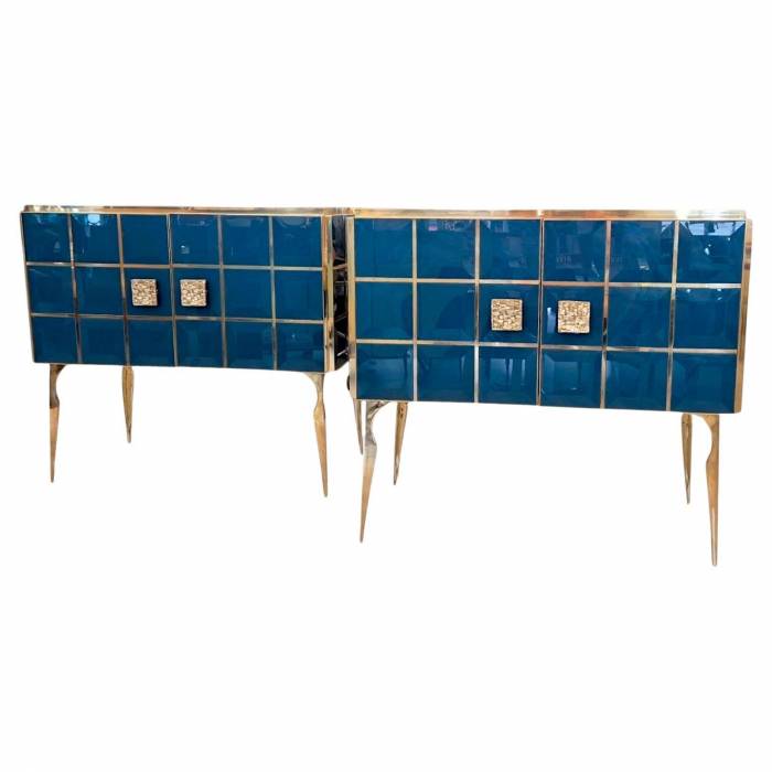Pair of Faceted Turquoise Murano Glass and Gilded Brass Consoles, Circa 196070