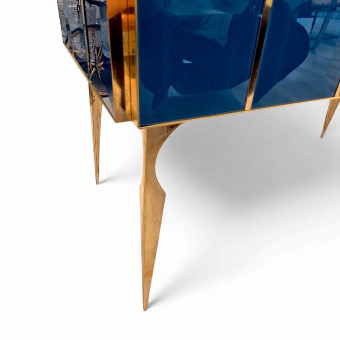 Pair of Faceted Turquoise Murano Glass and Gilded Brass Consoles, Circa 196070