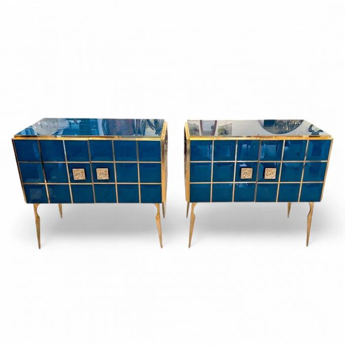 Pair of Faceted Turquoise Murano Glass and Gilded Brass Consoles, Circa 196070