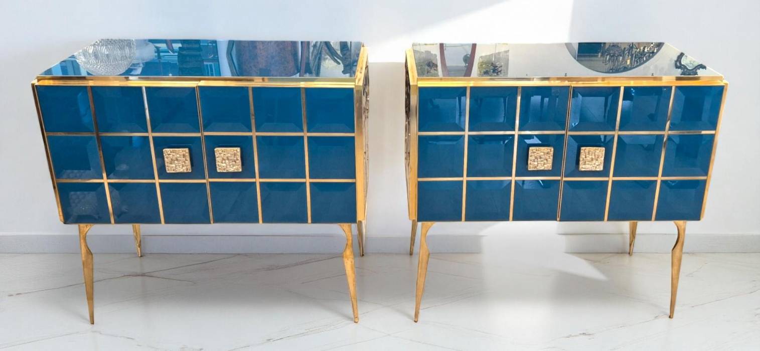 Pair of Faceted Turquoise Murano Glass and Gilded Brass Consoles, Circa 196070