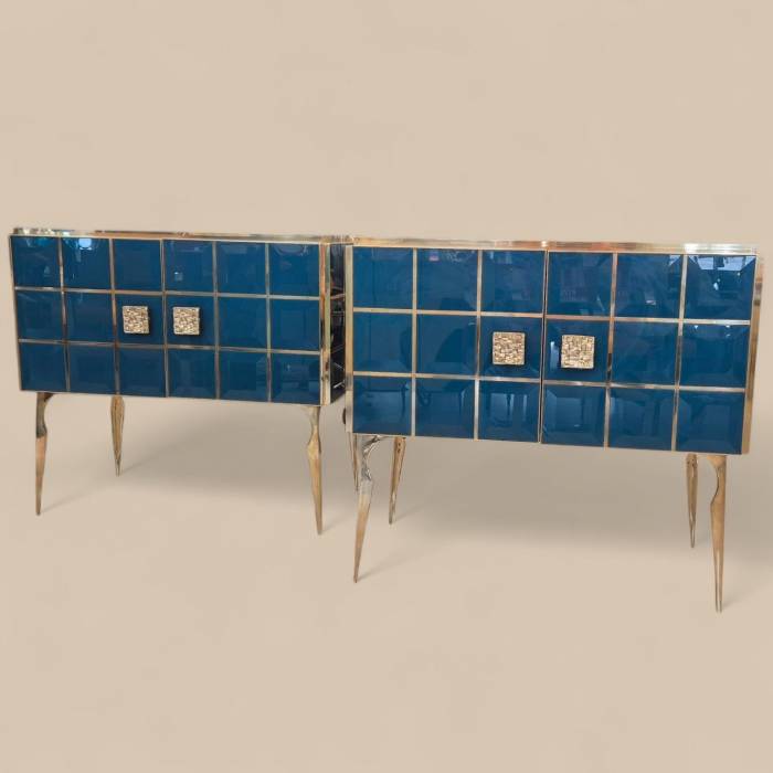 Pair of Faceted Turquoise Murano Glass and Gilded Brass Consoles, Circa 196070