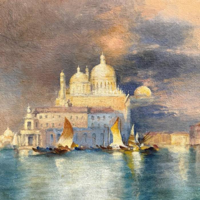Venetian Sunset – Oil Painting in Carved Giltwood Frame, 19th Century