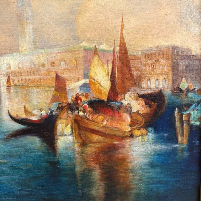 Venetian Sunset – Oil Painting in Carved Giltwood Frame, 19th Century