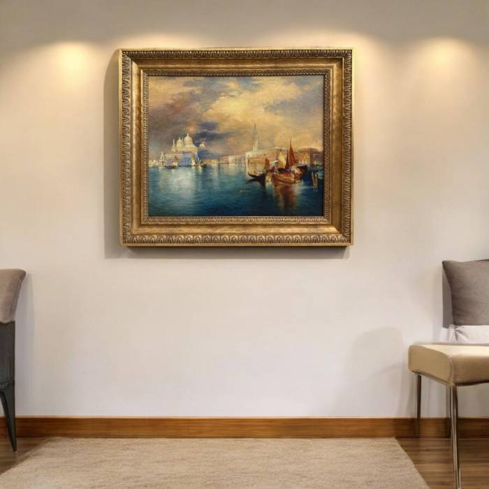 Venetian Sunset – Oil Painting in Carved Giltwood Frame, 19th Century