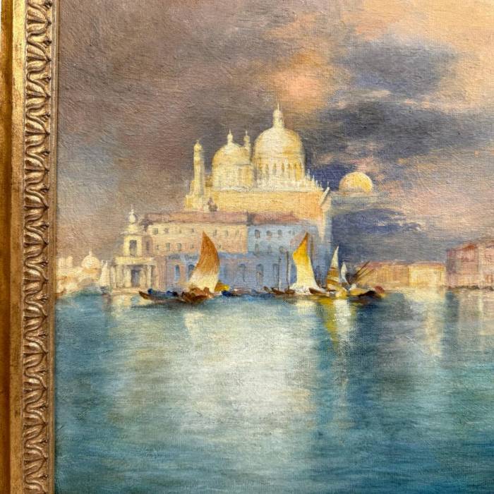 Venetian Sunset – Oil Painting in Carved Giltwood Frame, 19th Century