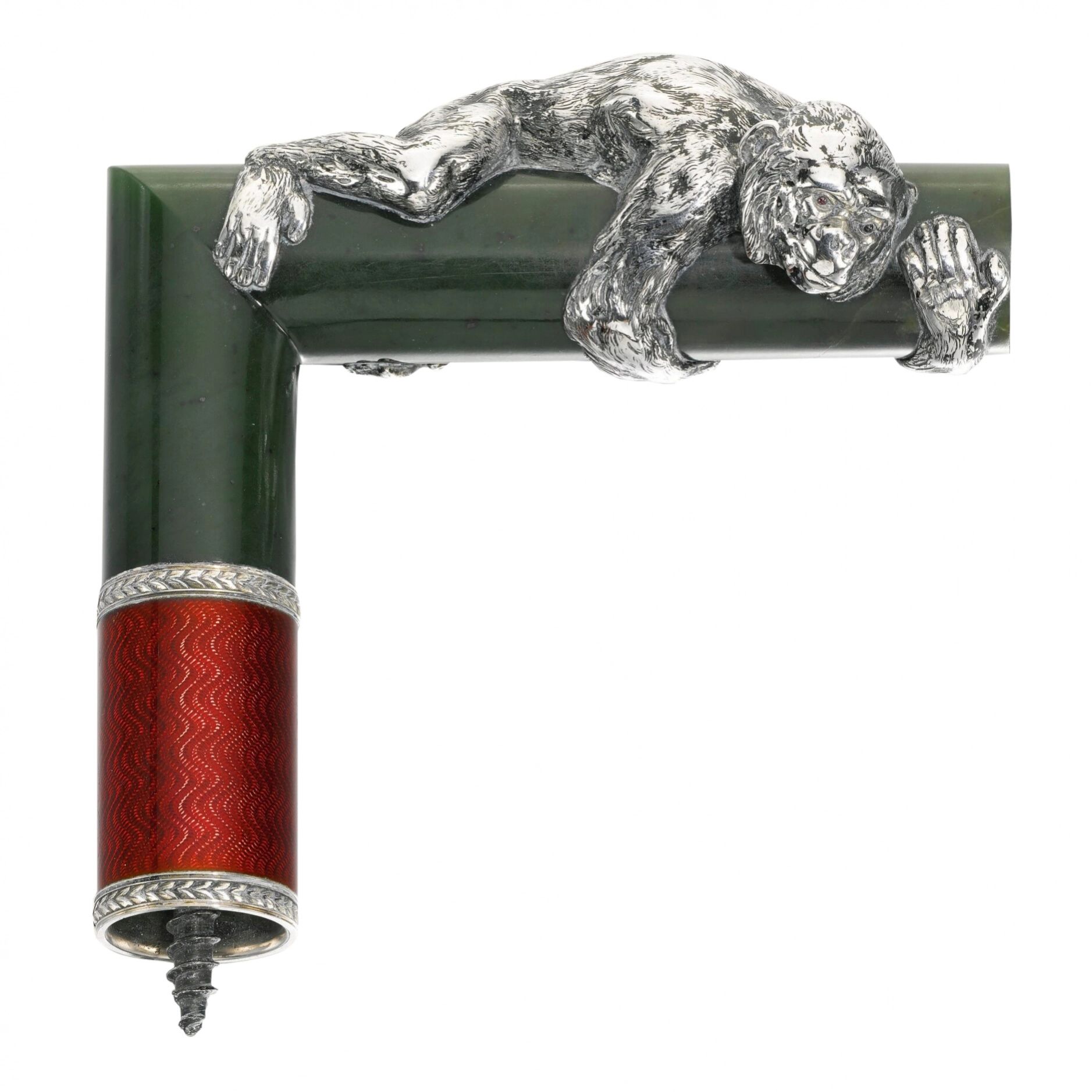 A-cane-handle-made-of-silver-guilloche-enamel-and-jade-Faberge-Julius-Rappaport