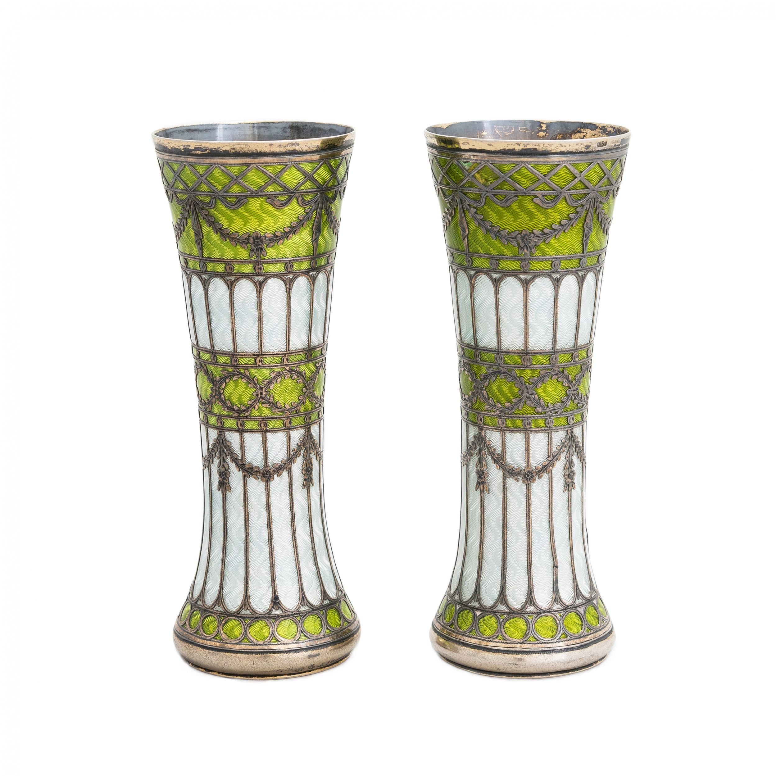 A-pair-of-vases-buds-of-gilded-silver-and-guilloché-enamel-early-20th-century-