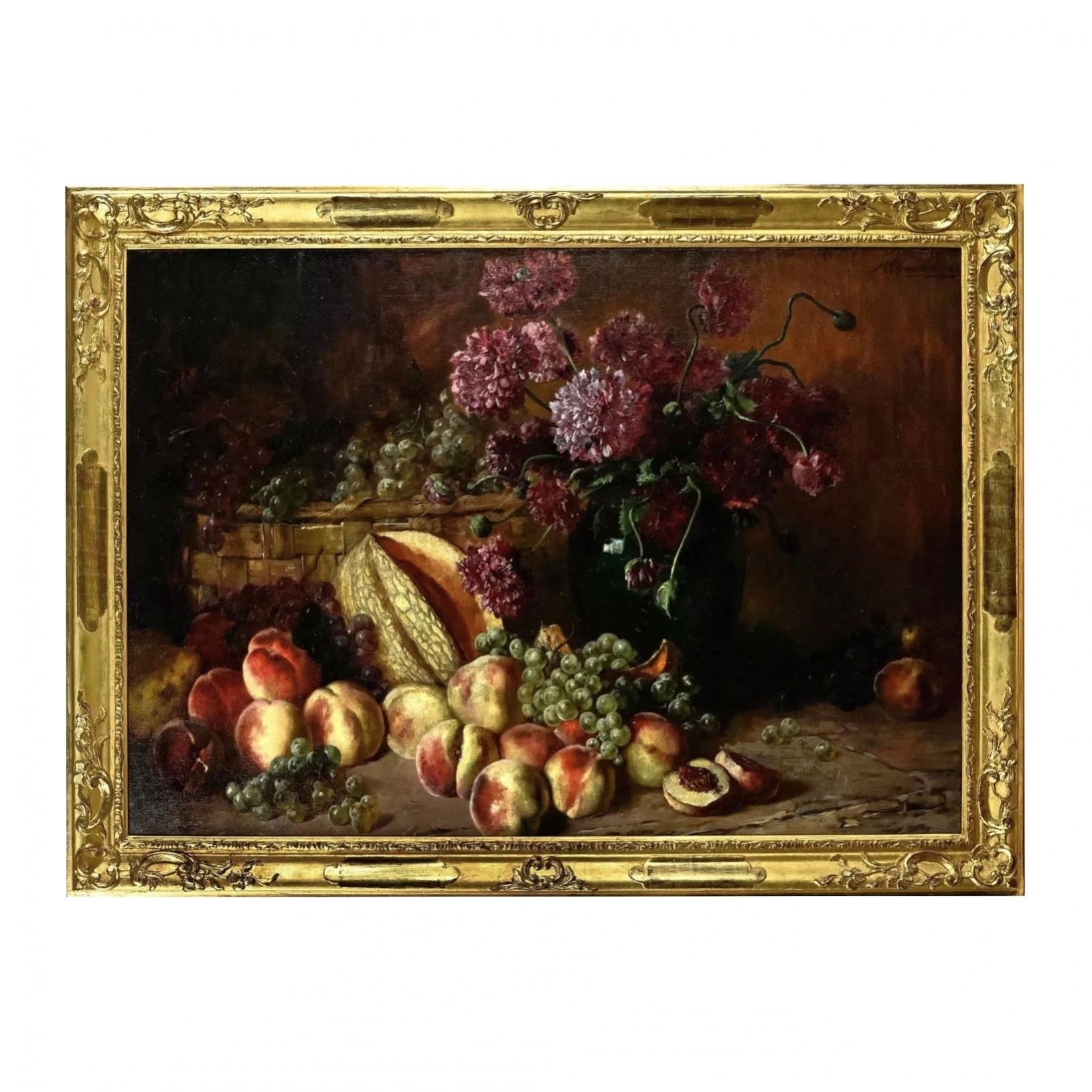 Still-life-with-carnations-and-fruits-Max-Ebersberg-1852---1926-
