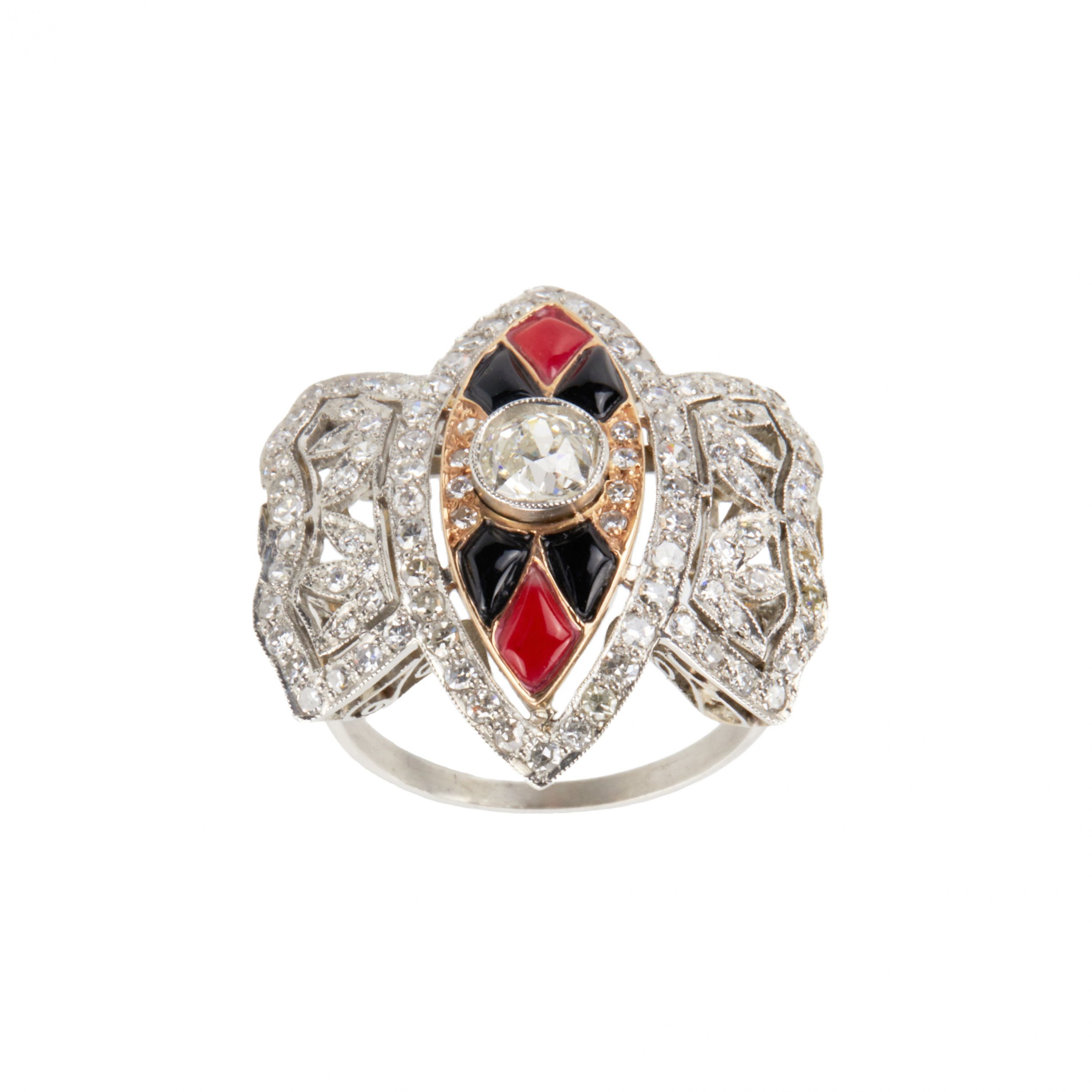 Platinum-ring-with-gold-diamonds-agate-and-coral-