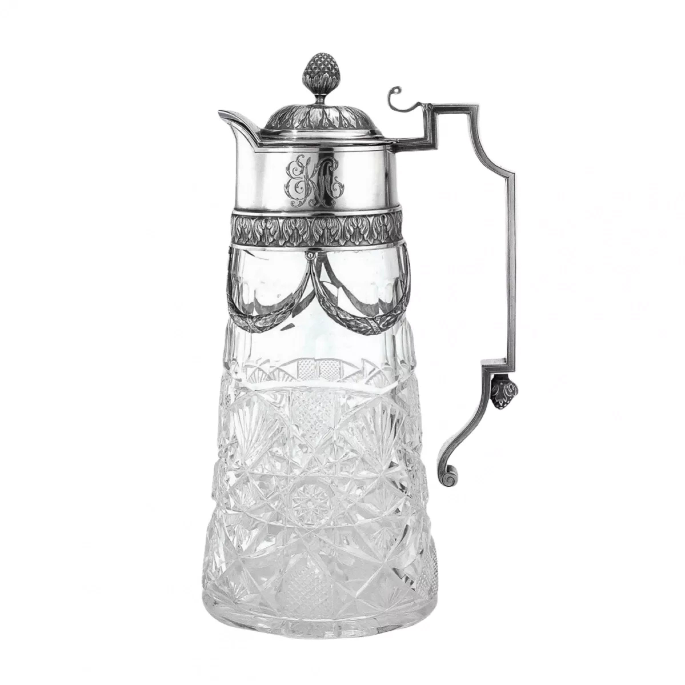 Cut-crystal-jug-with-silver-finial-and-handle-Faberge-