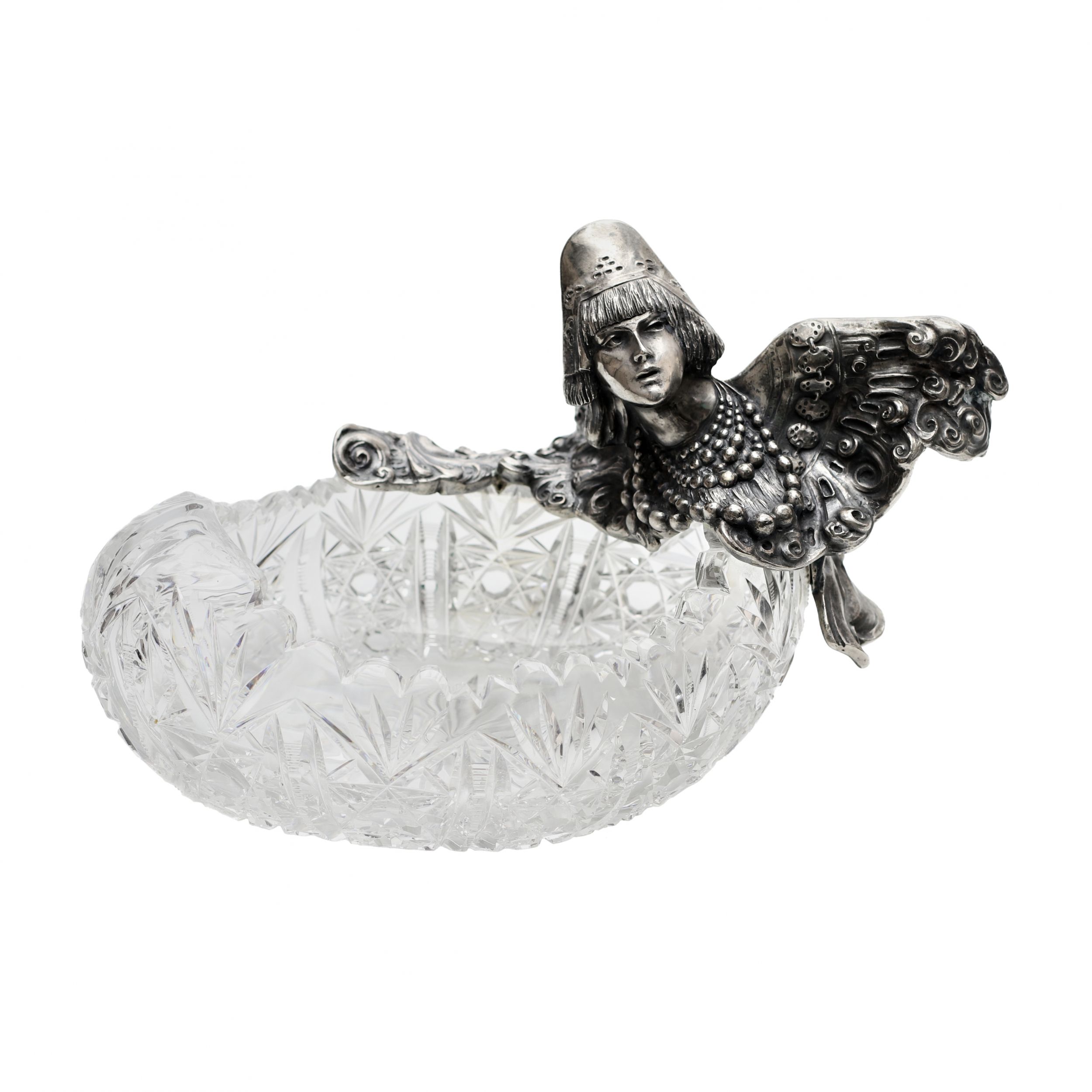 Pot-de-fruits-russe-en-cristal-lourd-et-argent-sous-la-forme-d`une-figure-féminine---l`oiseau-Alkonost-