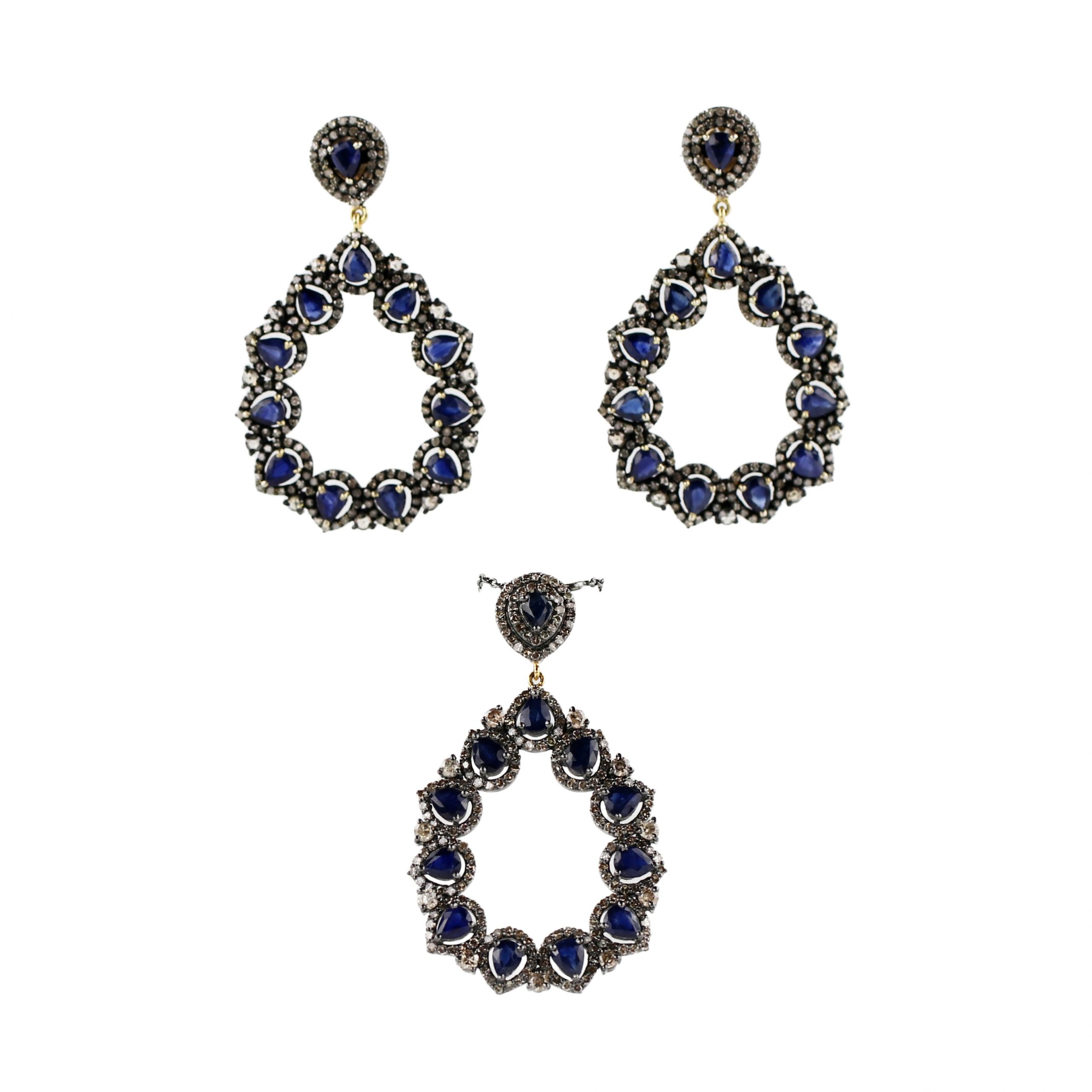 Set-of-earrings-pendant-with-sapphires-and-diamonds-on-silver-and-gold-