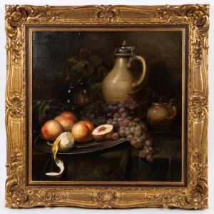 Still life with fruit and a jug from the 19th century. 