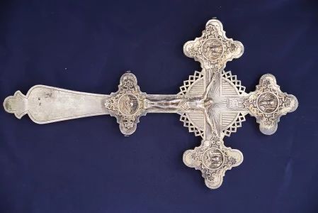 Ancient altar cross. Silver "84". Workshop "V.P" Russian Empire, Moscow, 1875. 