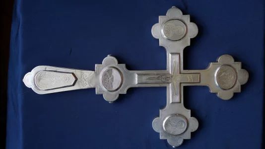 Ancient altar cross. Silver "84". Workshop "PN". Russian Empire, Moscow 1880s 