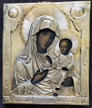 The ancient image of the Most Holy Theotokos "Iverskaya" in a gilded silver setting. Moscow, 1877 