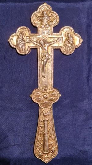 Antique altar cross of exquisite work in the Russian Baroque style. Silver "84". Workshop "F.P.", Russia, 1770s. 