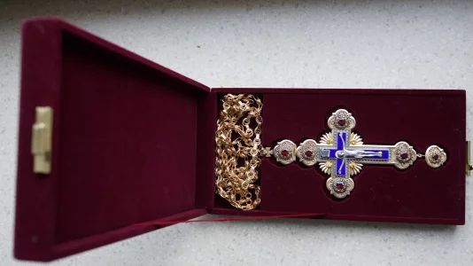 Antique pectoral cross with decorations. Workshop P.G. Russia, Moscow, late 19th century. 