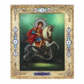 Icon of George the Victorious in a silver setting, with enamels of the 1st Moscow artel. 