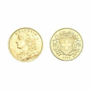 Золотая швейцарская монета 20 франков 1914 г. 