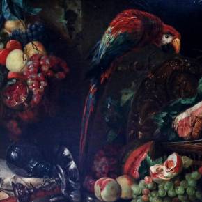 Nature morte majestueuse avec des cadeaux de la nature et un perroquet. 19ème siècle. Par Jan David De Heem. 