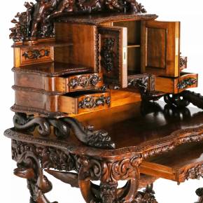 Magnificent carved bureau table in the Baroque neo-Gothic style. France 19th century. 