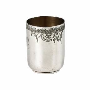Ovchinnikov`s silver vodka cup with baroque ligature along the edge of the body. Last quarter of the 19th century. 
