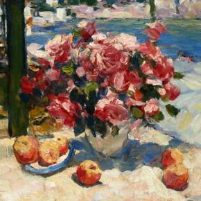 KONSTANTIN KOROVIN. Gurzuf. Bouquet of roses by the sea. 1917.