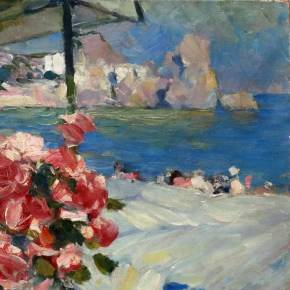 KONSTANTIN KOROVIN. Gourzouf. Bouquet de roses au bord de la mer. 1917.