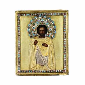 Moscow icon in gilded silver with enamels. John the Warrior. 1899-1908.