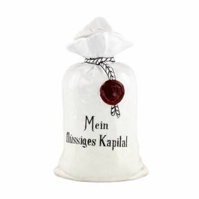 Porcelain bottle Mein flüssiges Kapital, in the shape of a canvas money bag. 