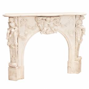 French white marble fireplace with cupids, Louis XV style. 19th century 