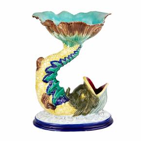 Large, spectacular, decorative pot made of faience Fish. Tver factory Kuznetsov. 