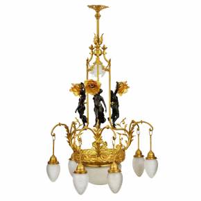 Bronze and gilded brass, graceful Art Nouveau chandelier, with Flora nymphs. 