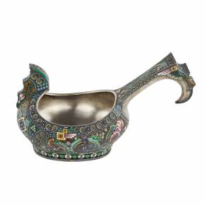 A graceful silver ladle in the Russian Art Nouveau style of the 11th Moscow artel. Early 20th century.
