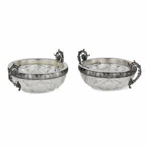 Pair of crystal candy bowls with silver. 15 Artel. Russia. 1908-1917