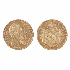 20 franku zelta monēta Leopolds II Beļģijas karalis. 1874. gada