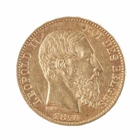 Золотая монета достоинством 20 франков. Леопольд II король Бельгии. 1874 г. 