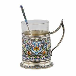 Silver glass holder with a spoon decorated with cloisonne enamel. Moscow 1908-1917.