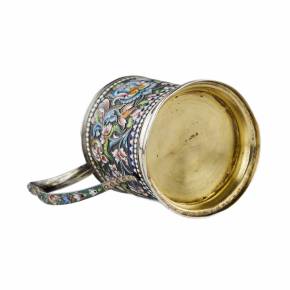 Silver coaster with a spoon decorated with cloisonné enamel. Moscow 1908-17.