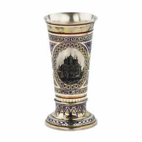 PAVEL OVCHINNIKOV. Russian silver gilded and champlevé goblet of the 19th century, stamped by Pavel Ovchinnikov, Moscow, 1872. Imperial diploma. 