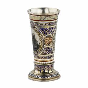 PAVEL OVCHINNIKOV. Russian silver gilded and champleve goblet of the 19th century, stamped by Pavel Ovchinnikov, Moscow, 1872. Imperial diploma. 