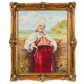 Krievu skaistums kokoshnikā pie žoga. Kopija no K. Makovska Pie nomalē. 1939. gads 