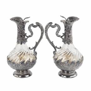 Frangiere & Laroche. Pair of French glass wine jugs in silver from the 1880s.