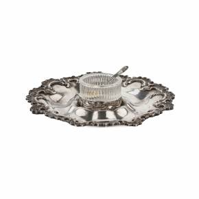 Russian silver caviar bowl with glass tray and silver spoon. 1843. 