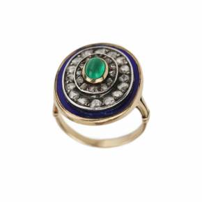 583 gold ring, with emerald, diamonds and blue enamel. 