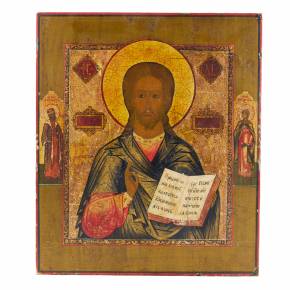 Russian icon of the Pantocrator on a thick cypress board from the mid-19th century. 