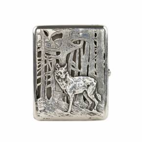 Russian, slotted, silver cigarette case Wolf at the edge of the forest. The turn of the 19th-20th centuries. 