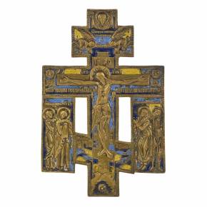Bronze cross crucifix with three enamels. Russia. 19th century. 